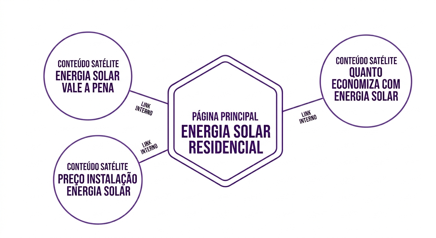infográfico mostrando um cluster de tópicos de SEO para energia solar residencial
