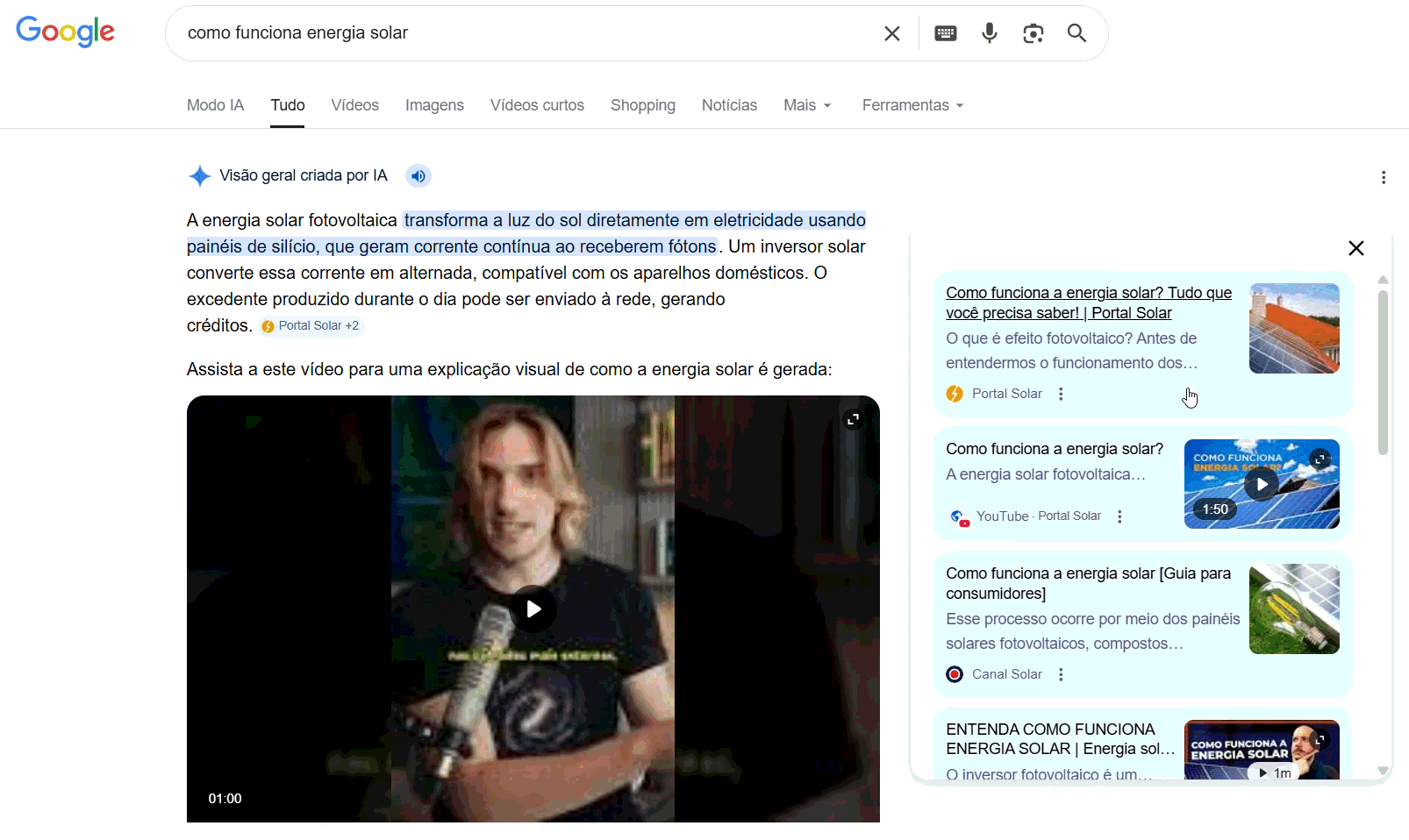 Exemplo da IA Overview do Google para busca Como funciona energia solar