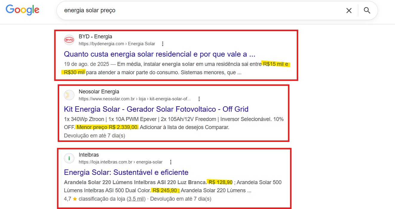 resultados da serp para energia solar preço