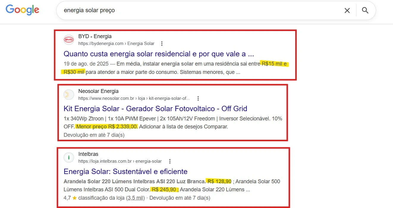 resultados da serp para energia solar preço