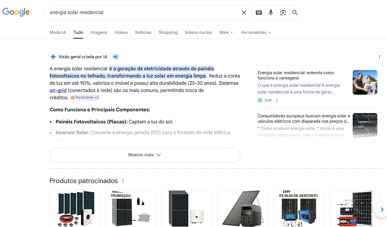 Análise SERP Google de energia solar residencial